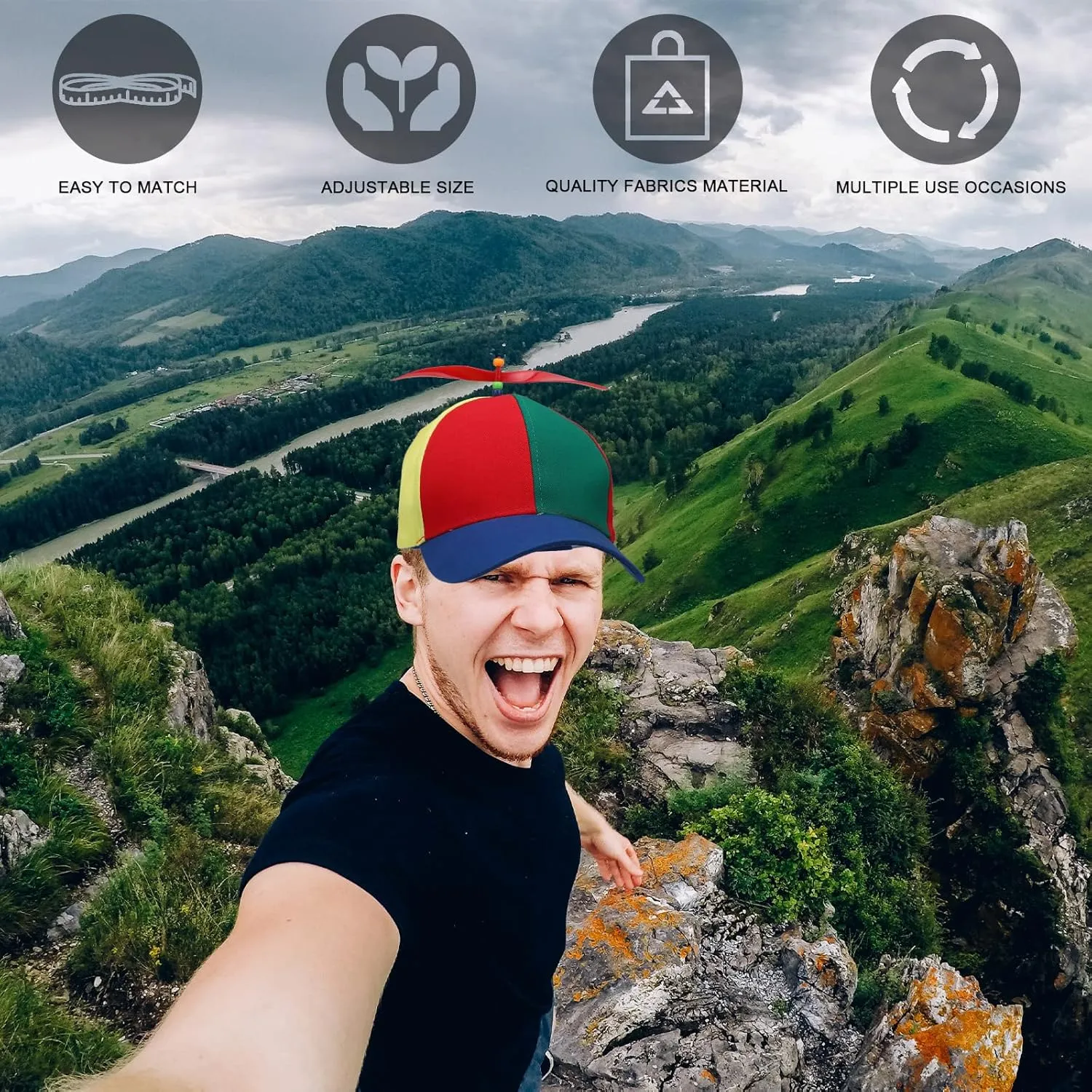 2 Pack Adult Baseball Cap - Brightly Rainbow Color Top Hat with 4 Replaceable Bamboo Dragonflies