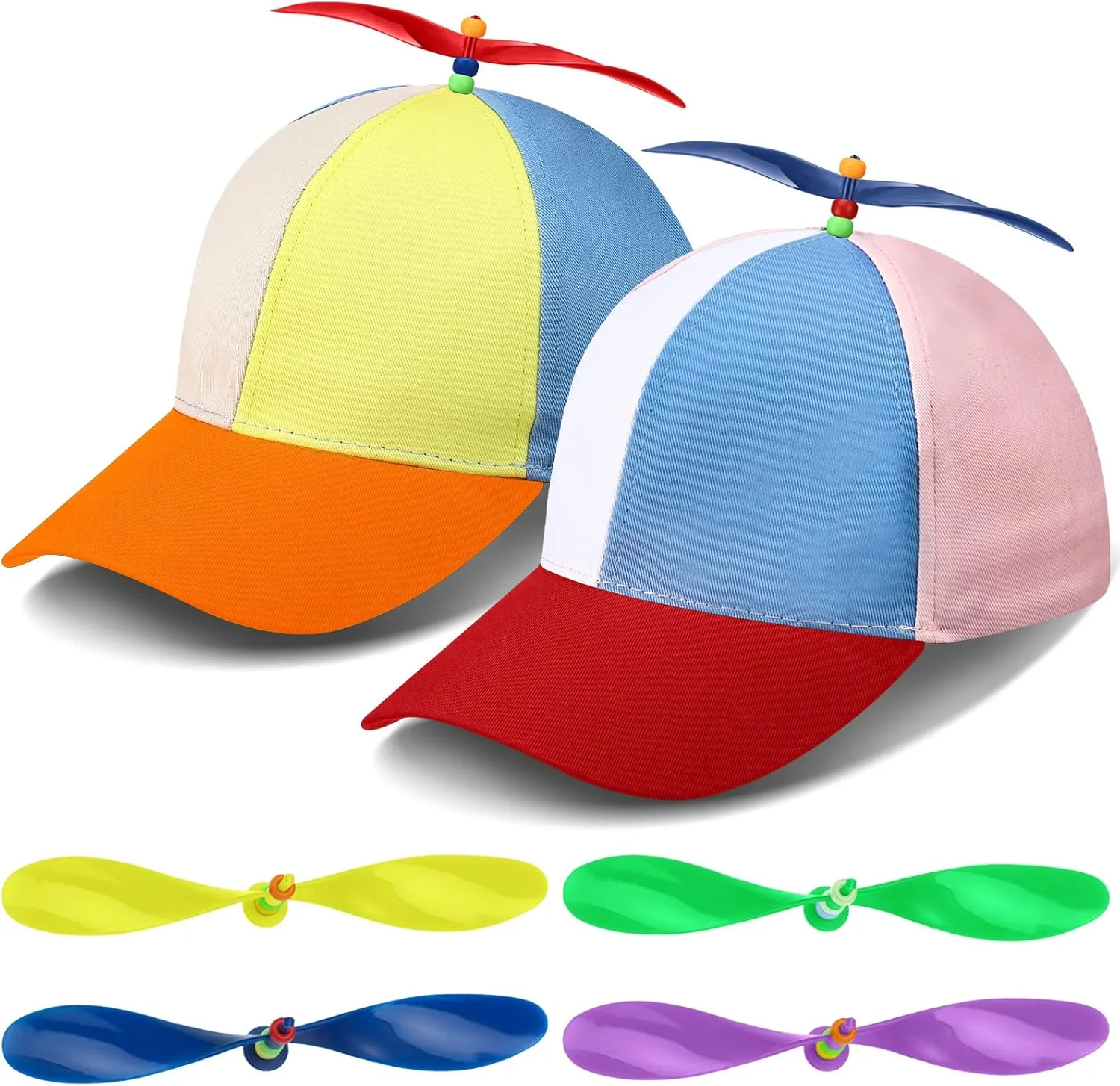 2 Pack Adult Baseball Cap - Brightly Rainbow Color Top Hat with 4 Replaceable Bamboo Dragonflies