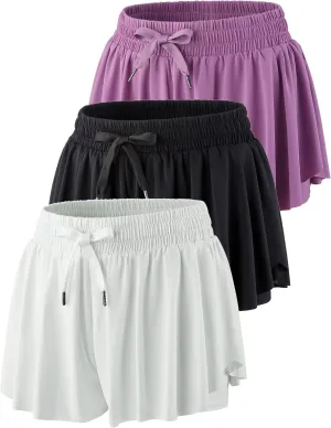 3 Pack Womens Flowy Running Shorts, 2-in-1 Butterfly Skirts with Shorts Underneath Spandex Athletic Casual Gym Workout Lounge