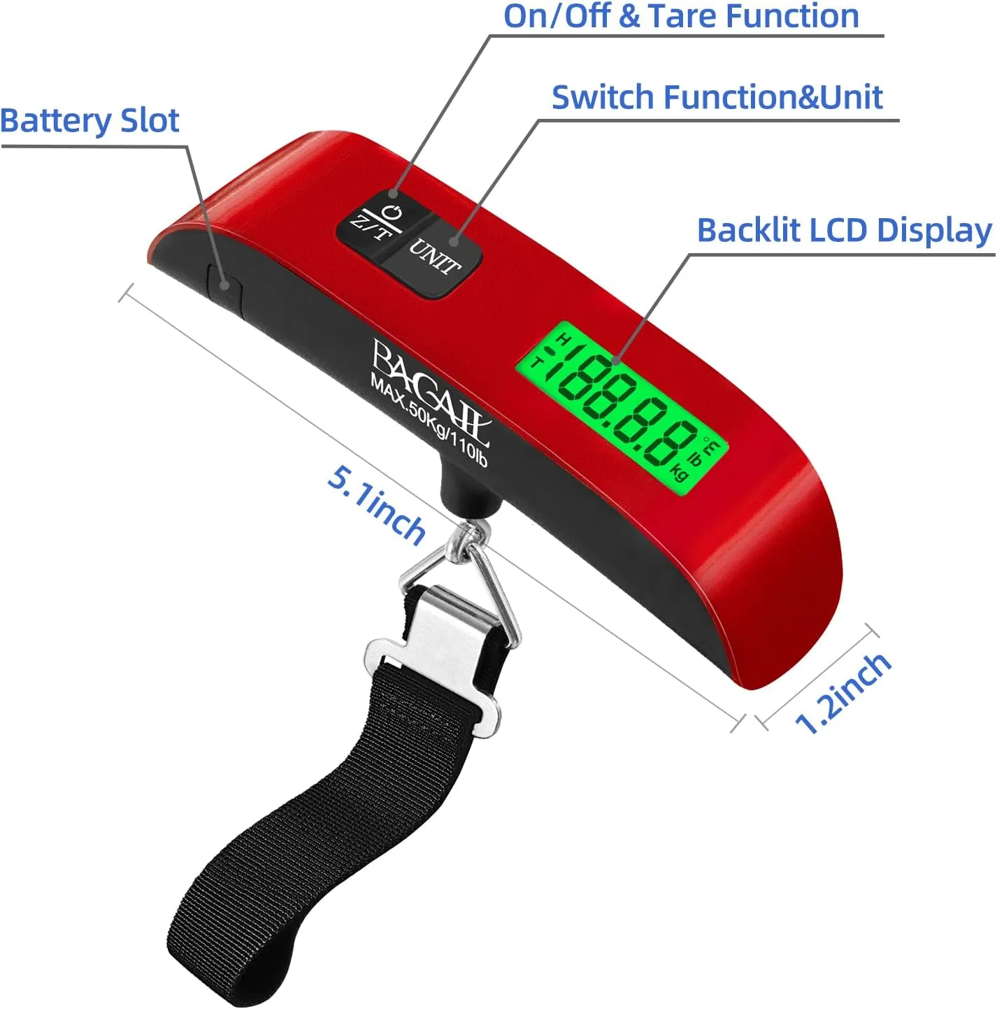 BAGAIL Digital Luggage Scale, 110lbs Hanging Baggage Scale with Backlit LCD Display, Portable Suitcase Weighing Scale, Travel Luggage Weight Scale with Hook, Strong Straps for Travelers