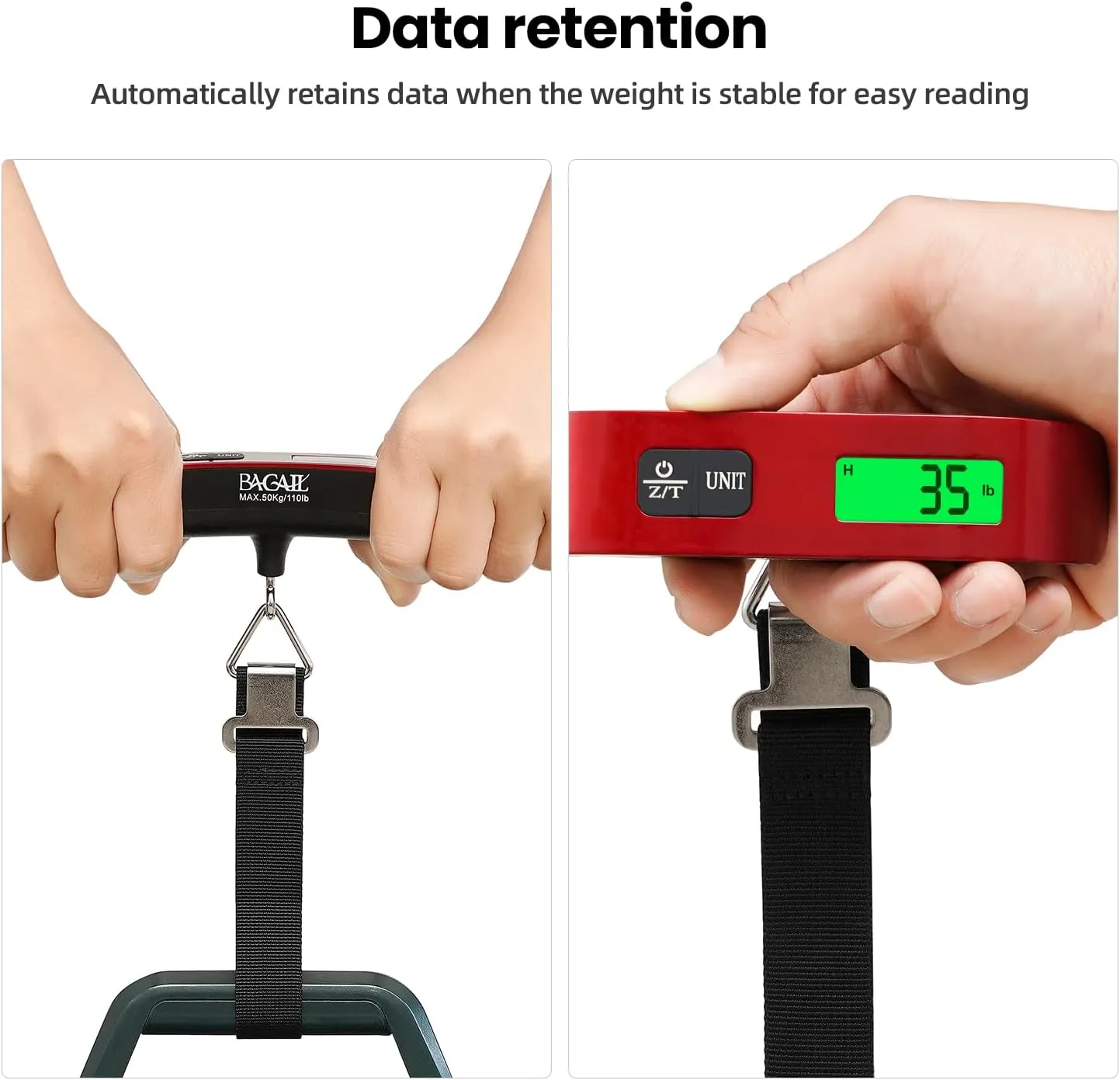 BAGAIL Digital Luggage Scale, 110lbs Hanging Baggage Scale with Backlit LCD Display, Portable Suitcase Weighing Scale, Travel Luggage Weight Scale with Hook, Strong Straps for Travelers