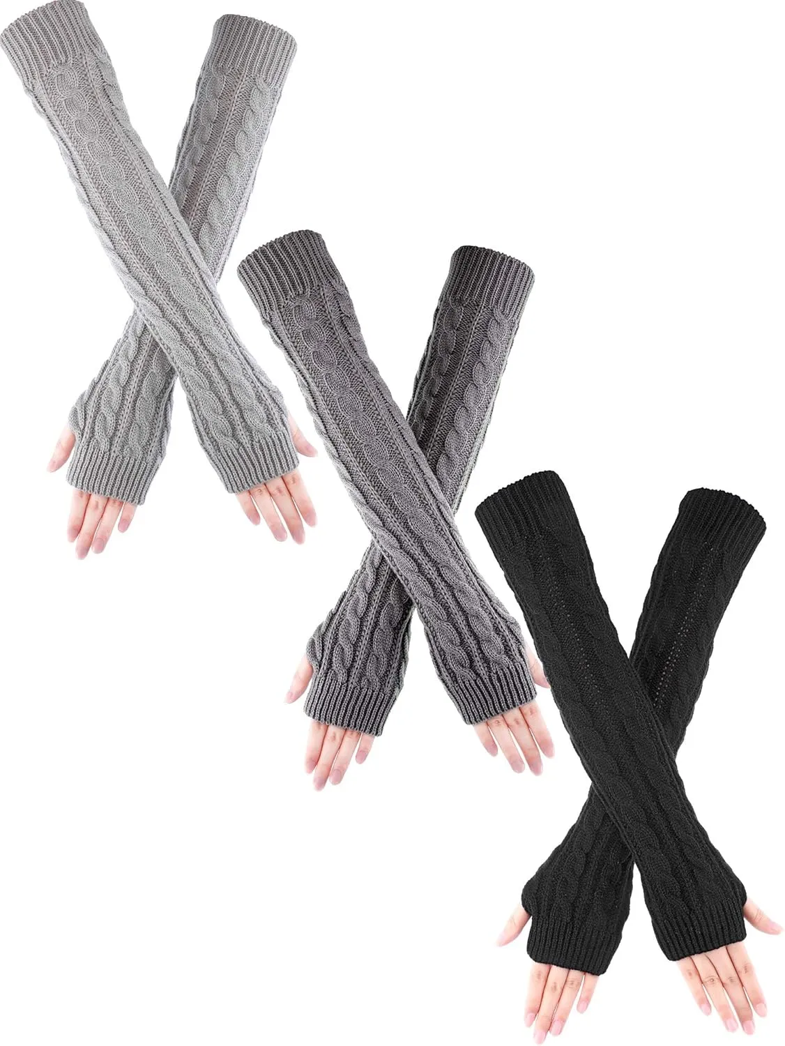 Bememo 3 Pairs Arm Warmers Long Fingerless Gloves Knit Wrist Warmers with Thumb Hole Open Finger Arm Socks for Women Adult