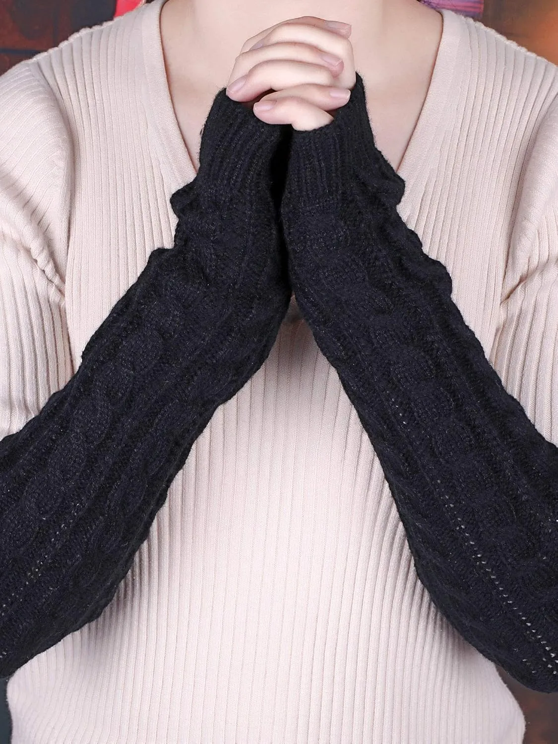 Bememo 3 Pairs Arm Warmers Long Fingerless Gloves Knit Wrist Warmers with Thumb Hole Open Finger Arm Socks for Women Adult