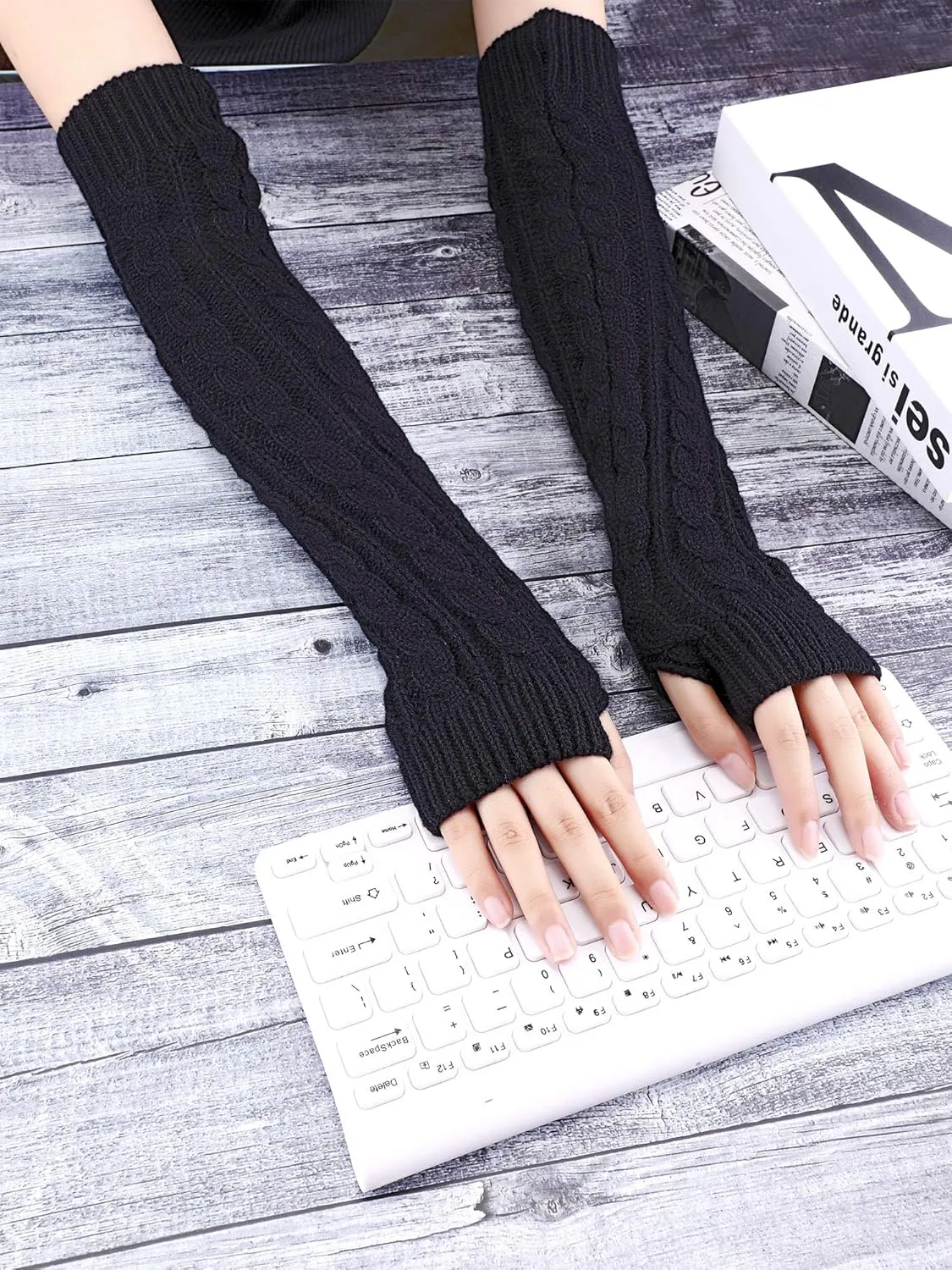 Bememo 3 Pairs Arm Warmers Long Fingerless Gloves Knit Wrist Warmers with Thumb Hole Open Finger Arm Socks for Women Adult