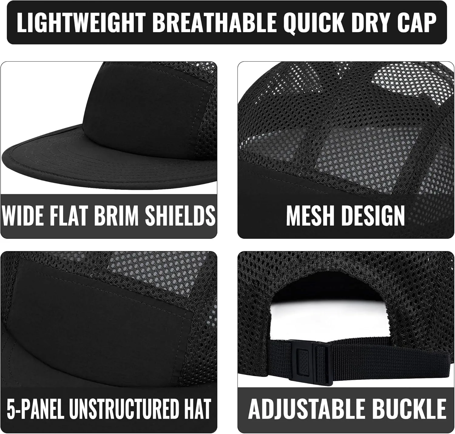 Croogo Mesh 5 Panel Hat Adjustable Trucker Baseball Cap Lightweight Breathable Quick Dry Cap Hip Hop Style Flat Brim Hats