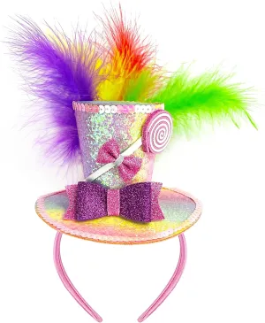 Dolkoic Mini Top Hat Headband Multicolor Feathers headband for Mardi Gras Halloween Valentines Day Theme Party Supplies