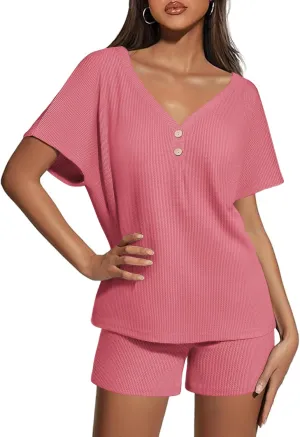 Ekouaer Womens 2 Piece Short Sets Waffle Knit Lounge Set Women's Pajama Set Summer Outfits V Neck and Shorts with Pockets