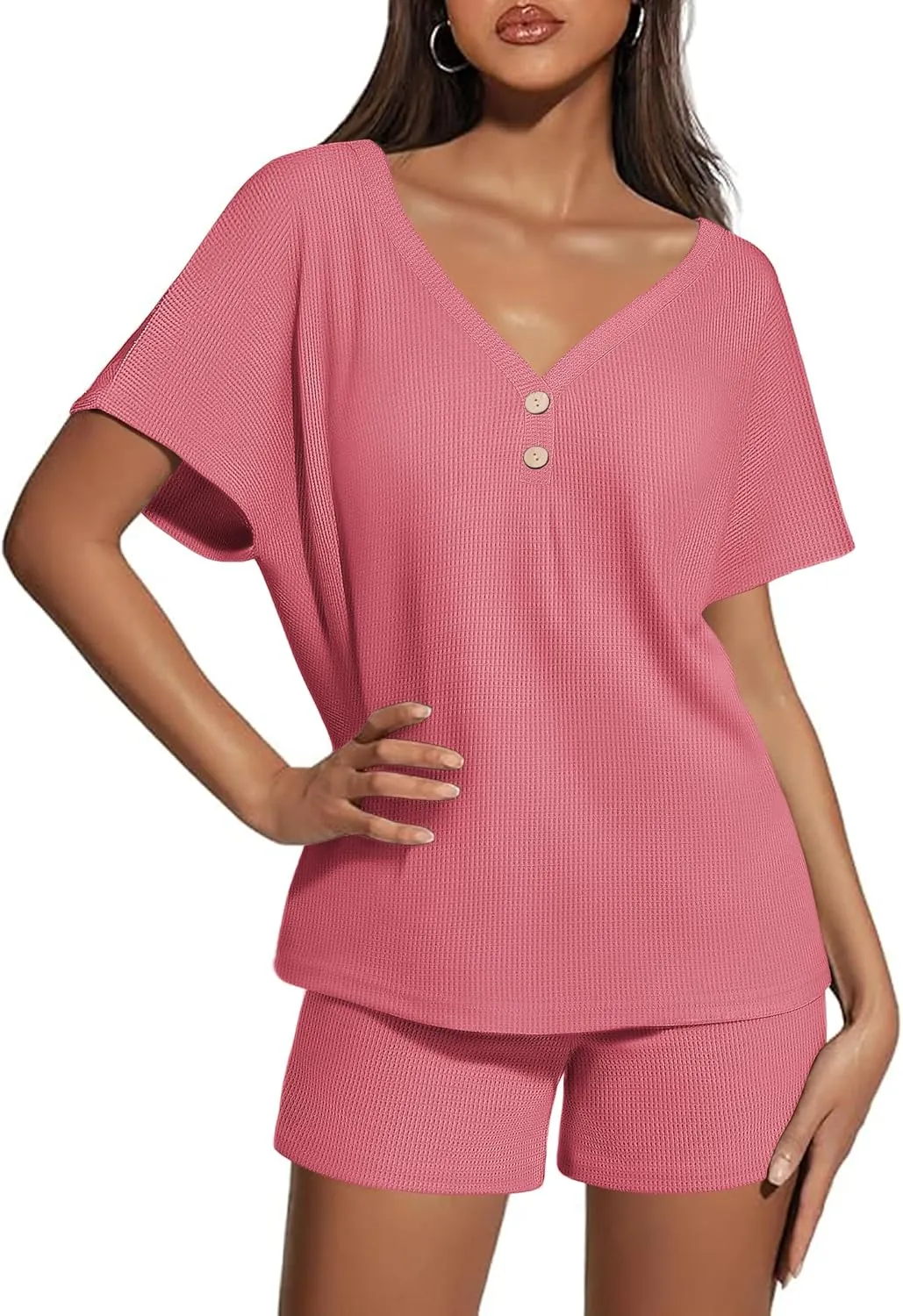 Ekouaer Womens 2 Piece Short Sets Waffle Knit Lounge Set Women's Pajama Set Summer Outfits V Neck and Shorts with Pockets