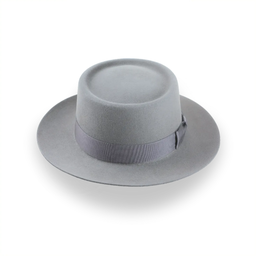 Grey Flat Top Wide Brim Fedora in Premium Fur Felt | The Player