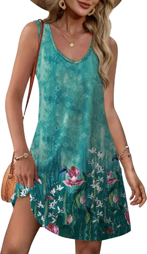 OFEEFAN Womens Summer Dresses 2025 V Neck Sleeveless Sundresses with Pockets Beach Vacation Clothes Floral/Plain