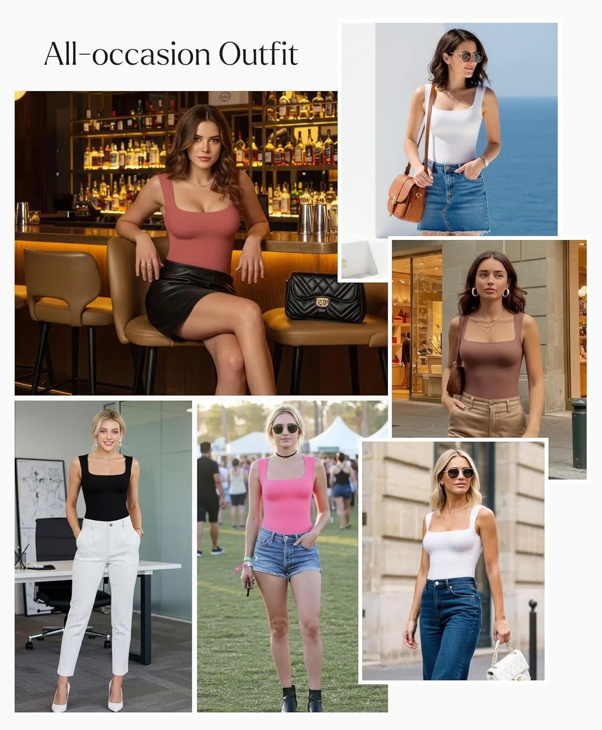Popilush Bodysuits for Women - Sleeveless Square Neck Shapewear Thong Bodysuit Cute Going Out Tops Concert Outfits
