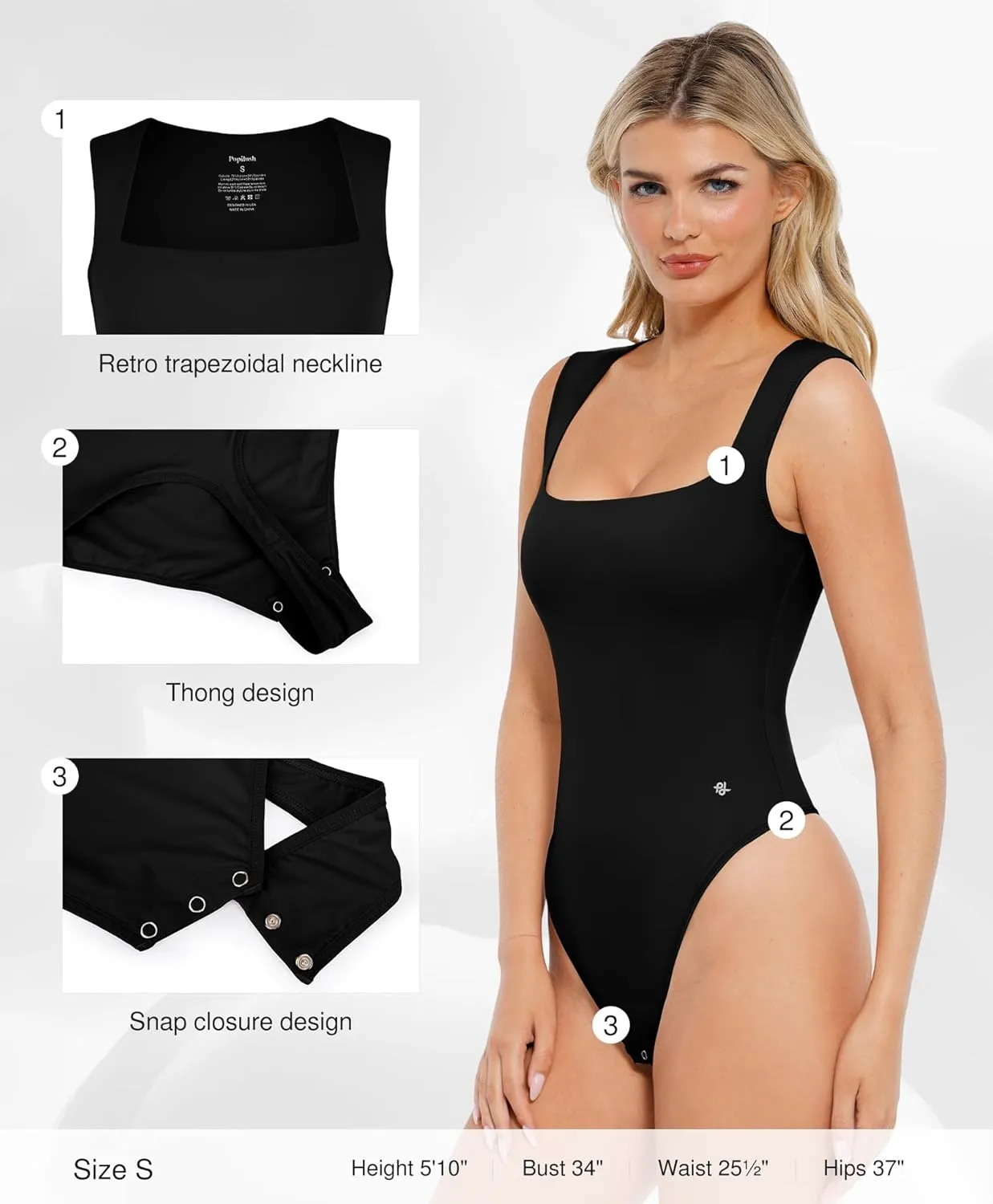 Popilush Bodysuits for Women - Sleeveless Square Neck Shapewear Thong Bodysuit Cute Going Out Tops Concert Outfits