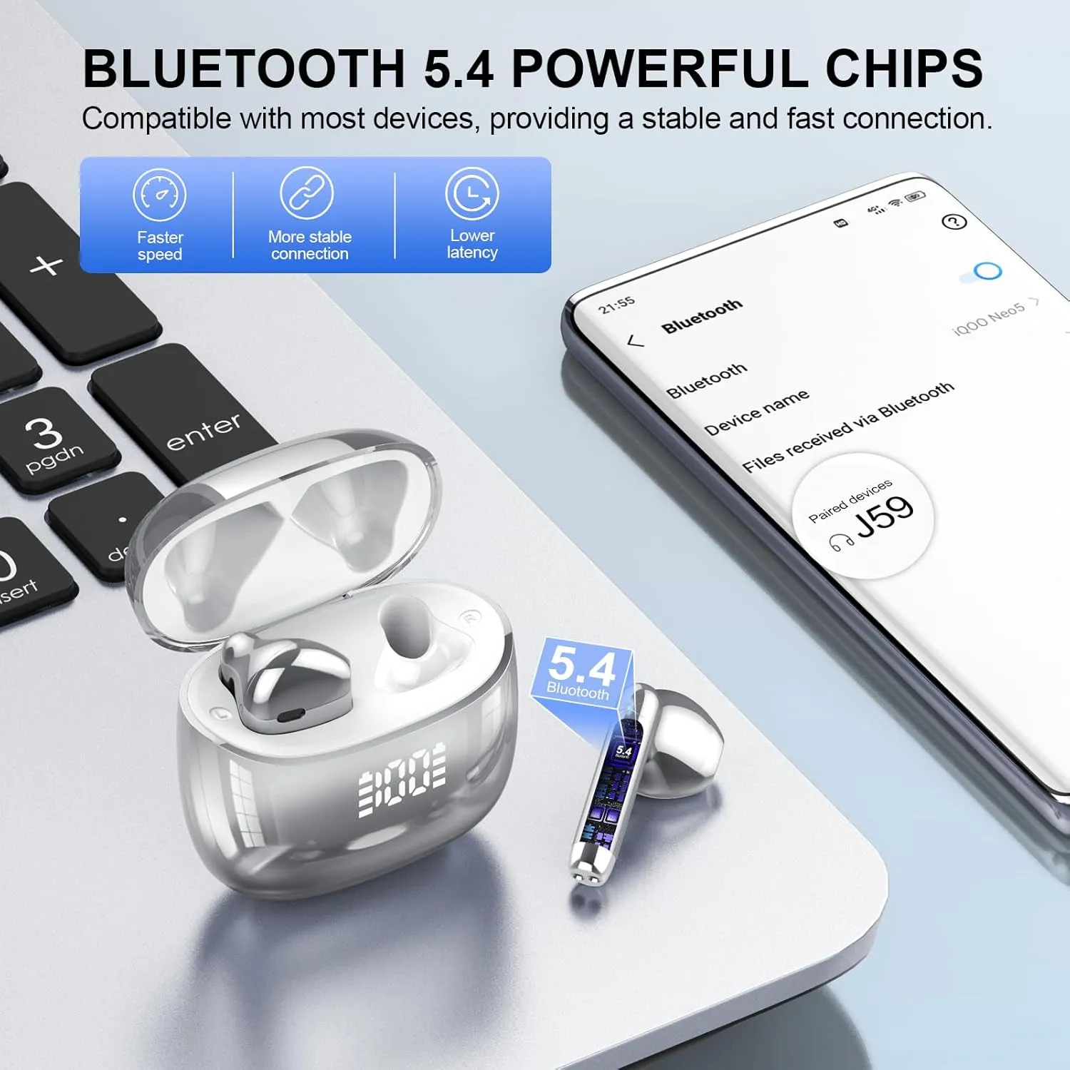 Wireless Earbuds, Bluetooth Headphones 48H Playtime Ear Buds with LED Power Display, IPX7 Waterproof Bluetooth 5.4 Earphones in-Ear Earbuds with 4 Mic for Android iOS Cell Phone Laptop, Silver