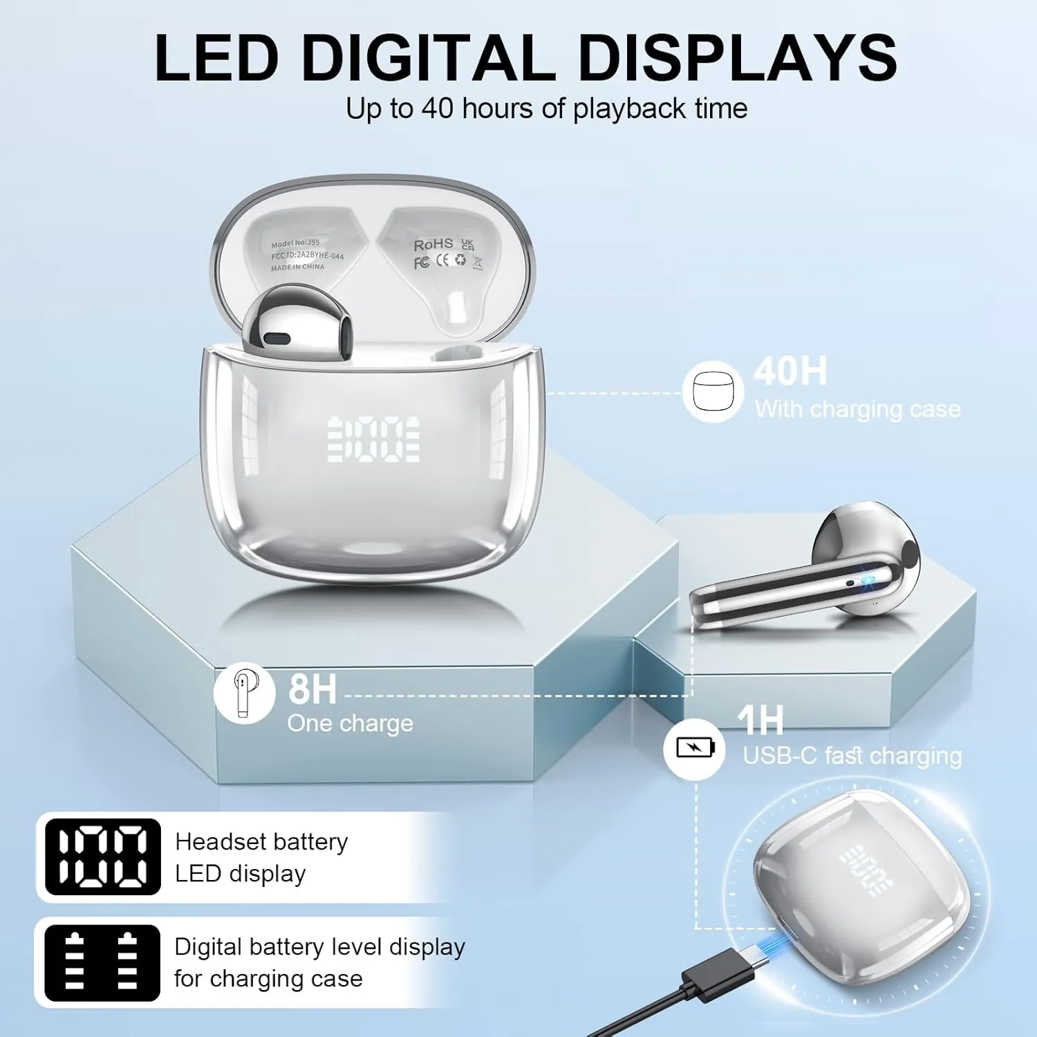 Wireless Earbuds, Bluetooth Headphones 48H Playtime Ear Buds with LED Power Display, IPX7 Waterproof Bluetooth 5.4 Earphones in-Ear Earbuds with 4 Mic for Android iOS Cell Phone Laptop, Silver