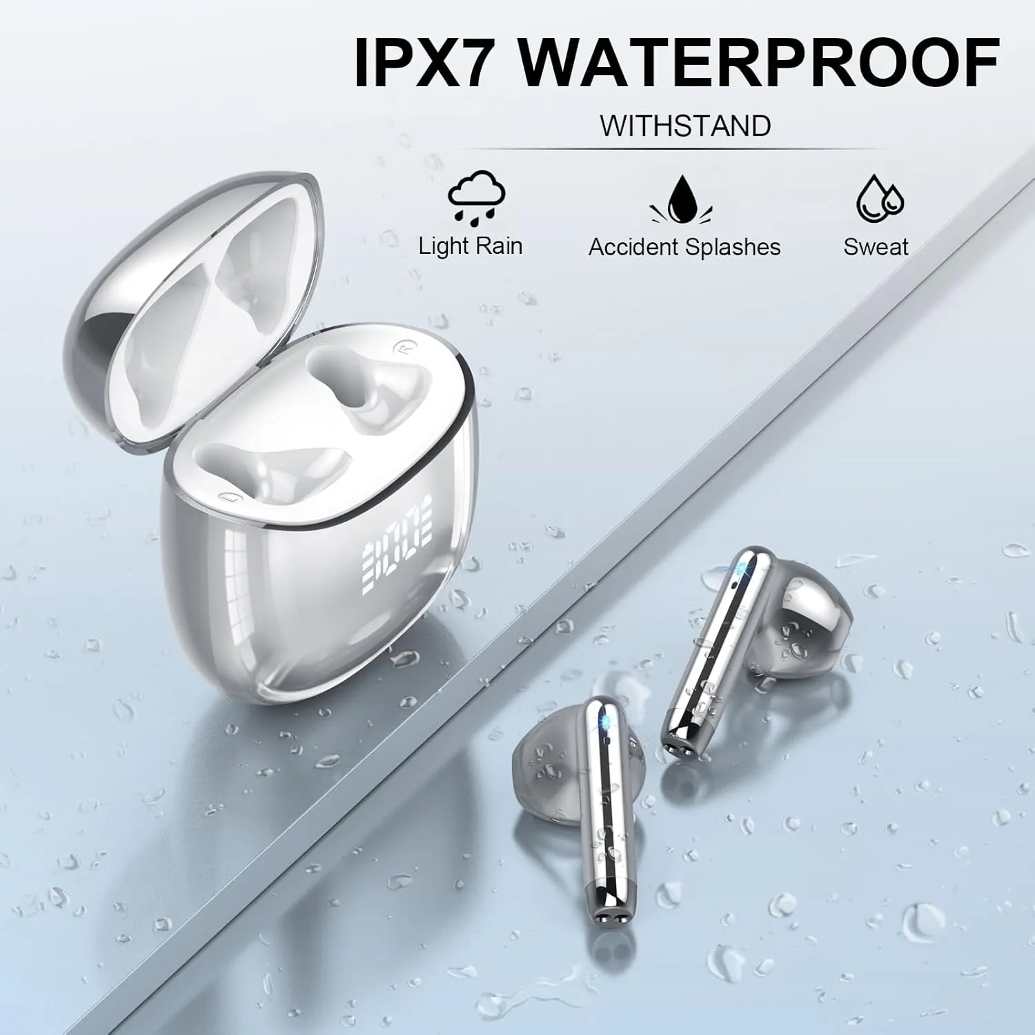 Wireless Earbuds, Bluetooth Headphones 48H Playtime Ear Buds with LED Power Display, IPX7 Waterproof Bluetooth 5.4 Earphones in-Ear Earbuds with 4 Mic for Android iOS Cell Phone Laptop, Silver