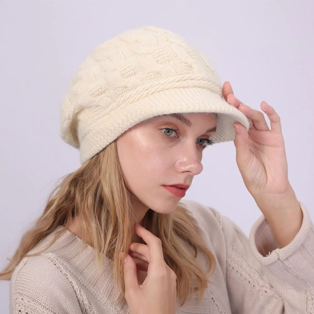 Women Winter Warm Knit Hat Fleece Lined Snow Ski Cap with Visor
