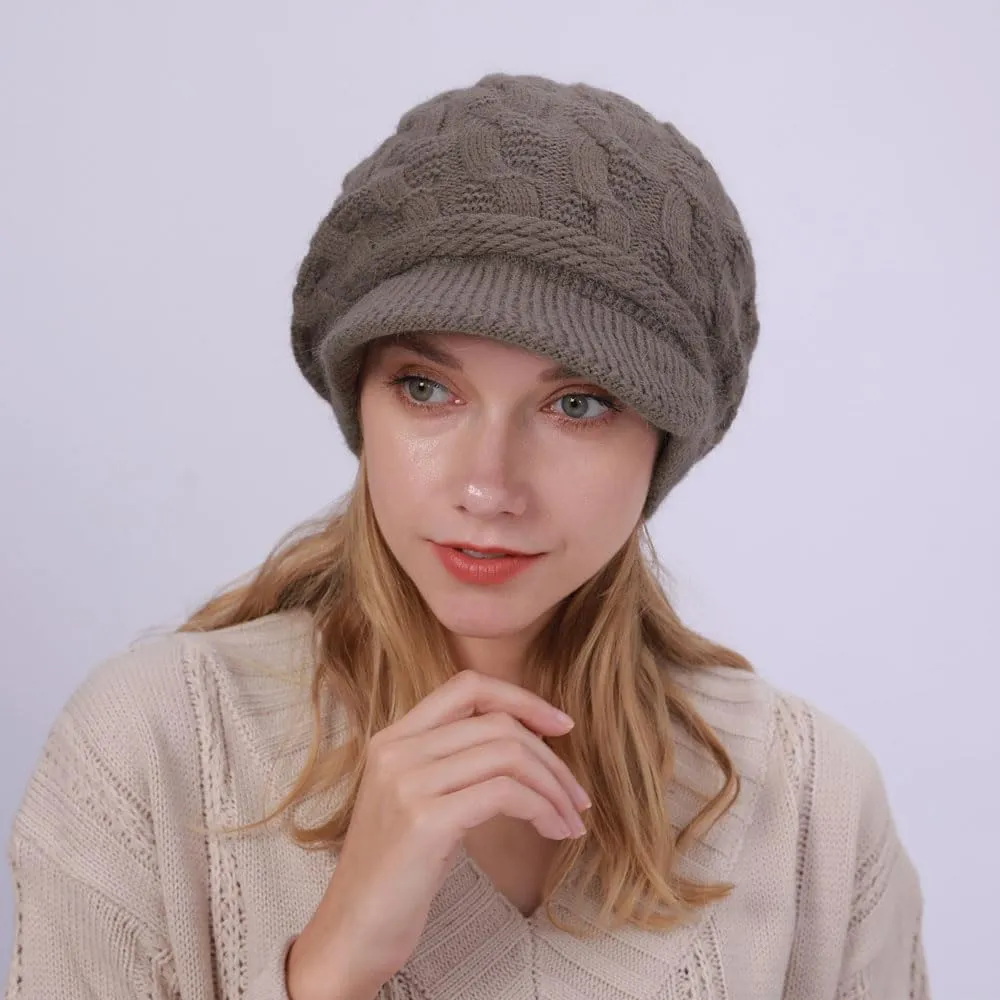 Women Winter Warm Knit Hat Fleece Lined Snow Ski Cap with Visor