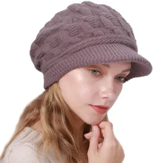 Women Winter Warm Knit Hat Fleece Lined Snow Ski Cap with Visor