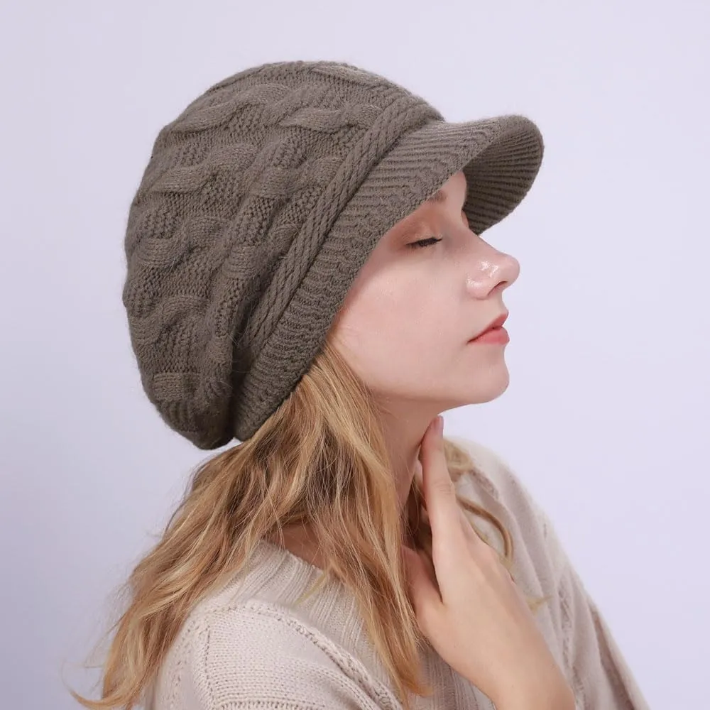 Women Winter Warm Knit Hat Fleece Lined Snow Ski Cap with Visor