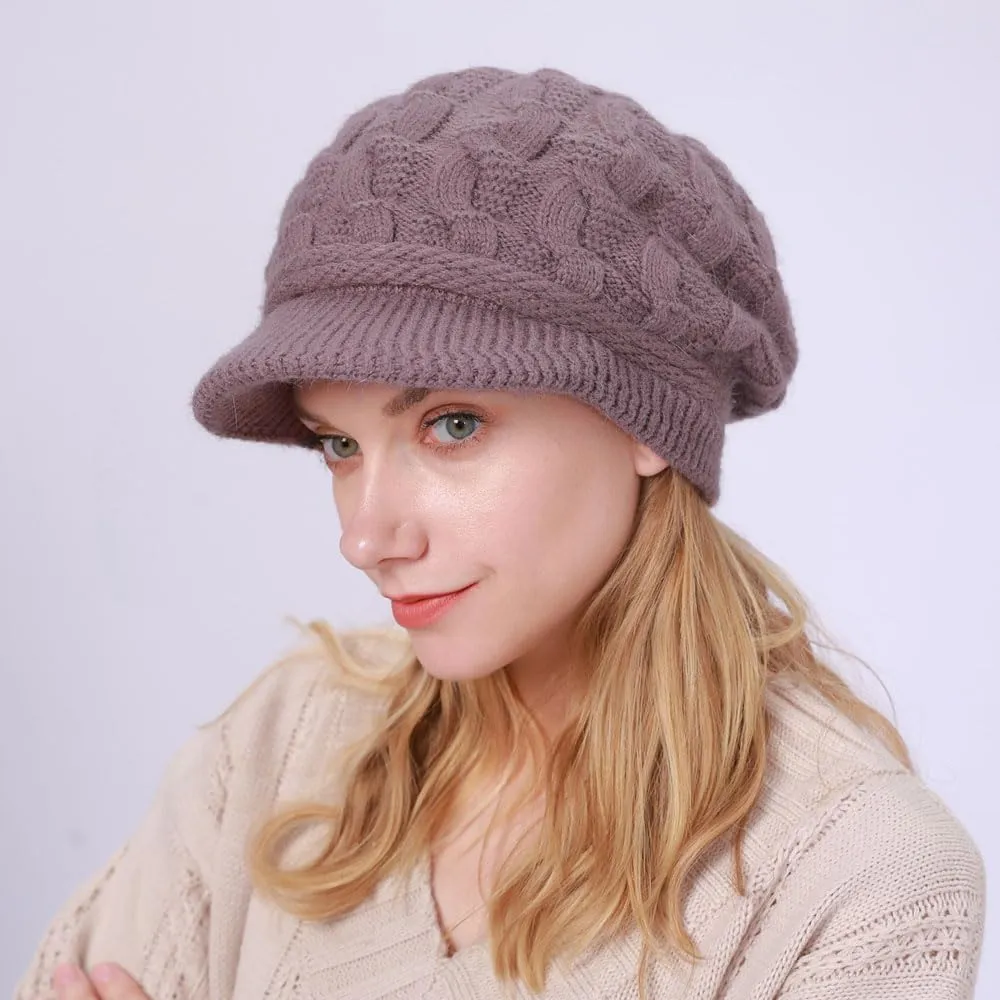 Women Winter Warm Knit Hat Fleece Lined Snow Ski Cap with Visor