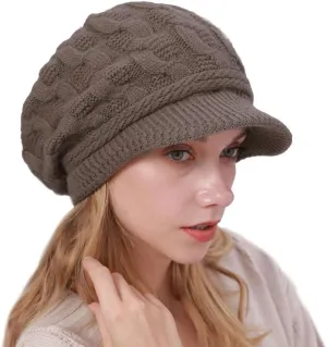 Women Winter Warm Knit Hat Fleece Lined Snow Ski Cap with Visor