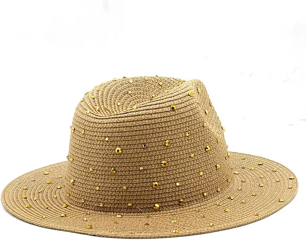 Womens Wide Brim Straw Panama Hat Jazz Hat with Fake Rhinestone Large Brim Fedora Summer Beach Travel Sun Hat