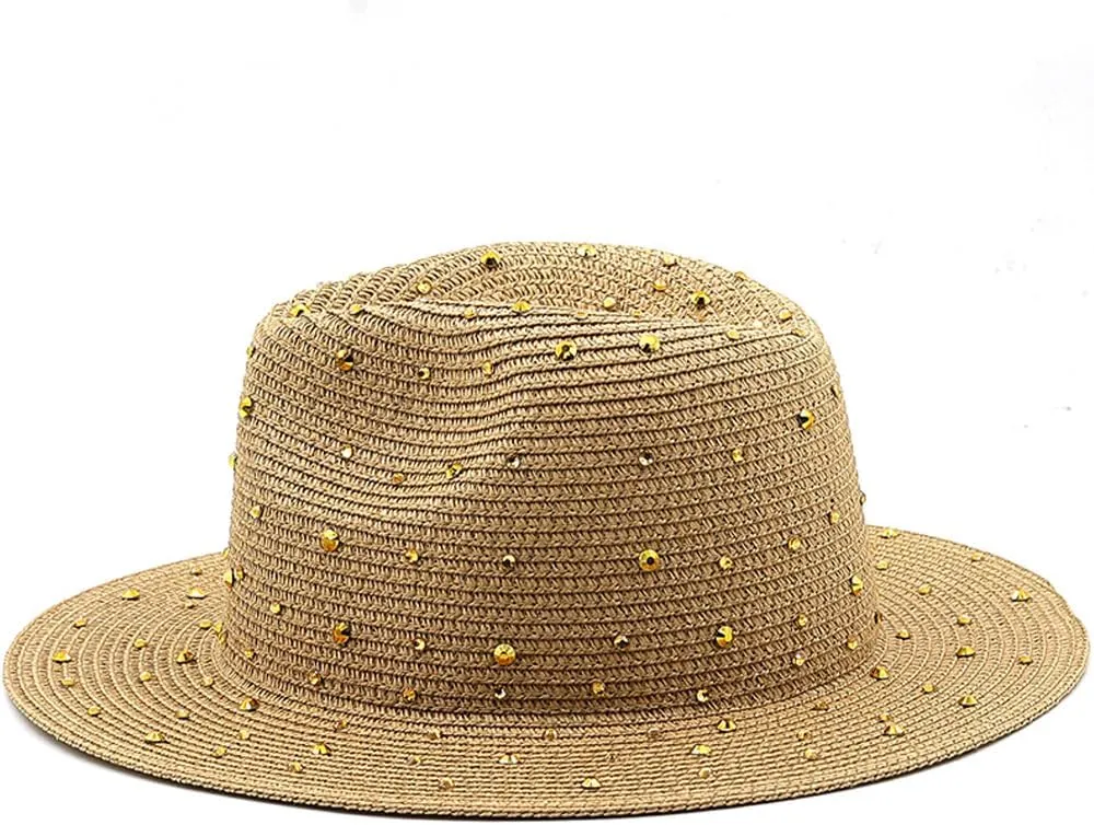 Womens Wide Brim Straw Panama Hat Jazz Hat with Fake Rhinestone Large Brim Fedora Summer Beach Travel Sun Hat