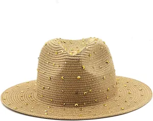 Womens Wide Brim Straw Panama Hat Jazz Hat with Fake Rhinestone Large Brim Fedora Summer Beach Travel Sun Hat