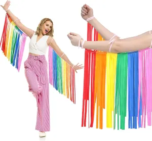 Xuhal Gay Pride Rainbow Striped Fringe Arm Warmer Rainbow Rave Outfits Fringe Warmer Outfit for Women Men Cosplay Accessories