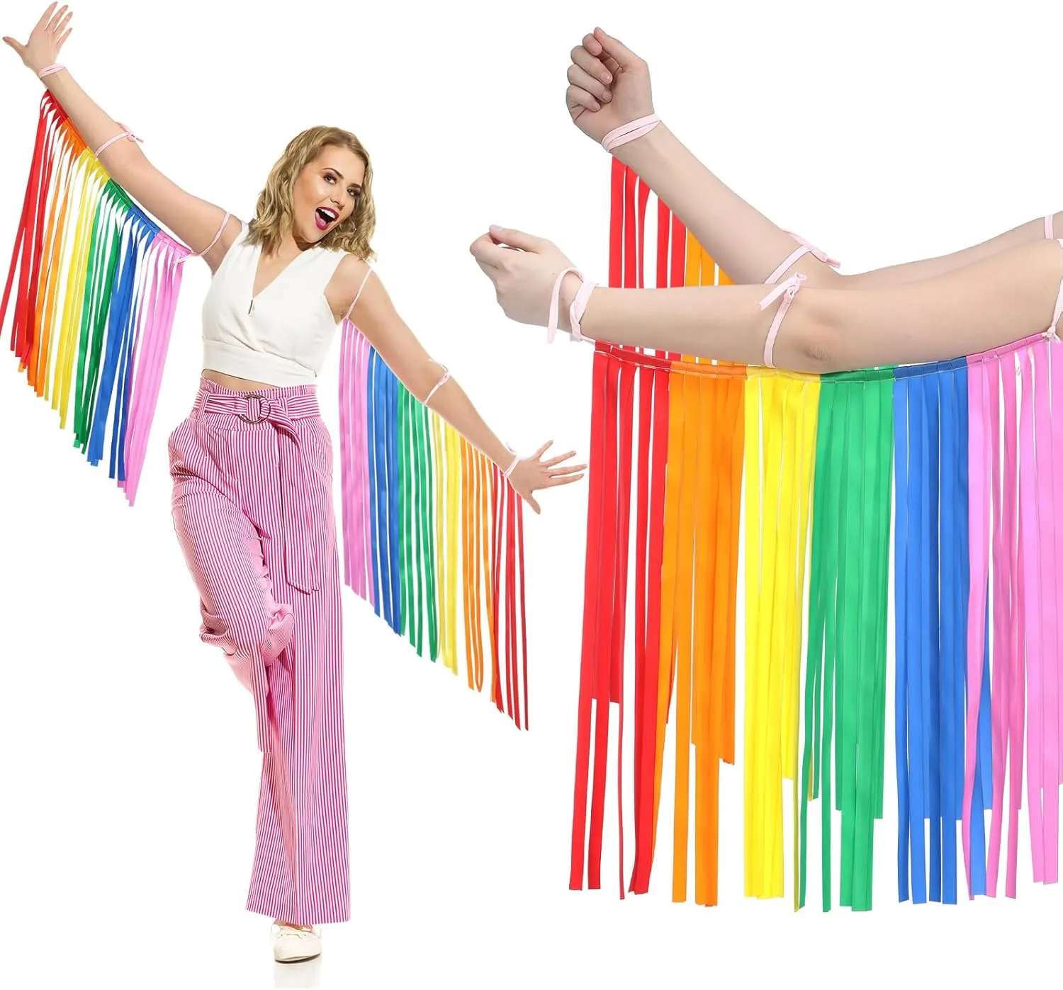 Xuhal Gay Pride Rainbow Striped Fringe Arm Warmer Rainbow Rave Outfits Fringe Warmer Outfit for Women Men Cosplay Accessories